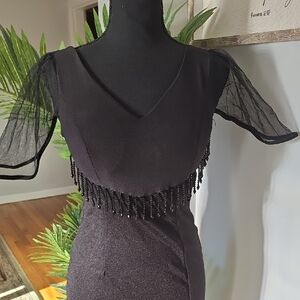 Elegant Black Dress with Sheer Sleeves and Beaded Fringe